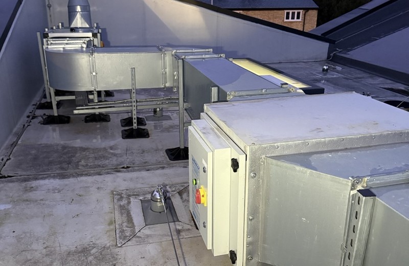 Rooftop kitchen extract fan and ductwork in Loughton